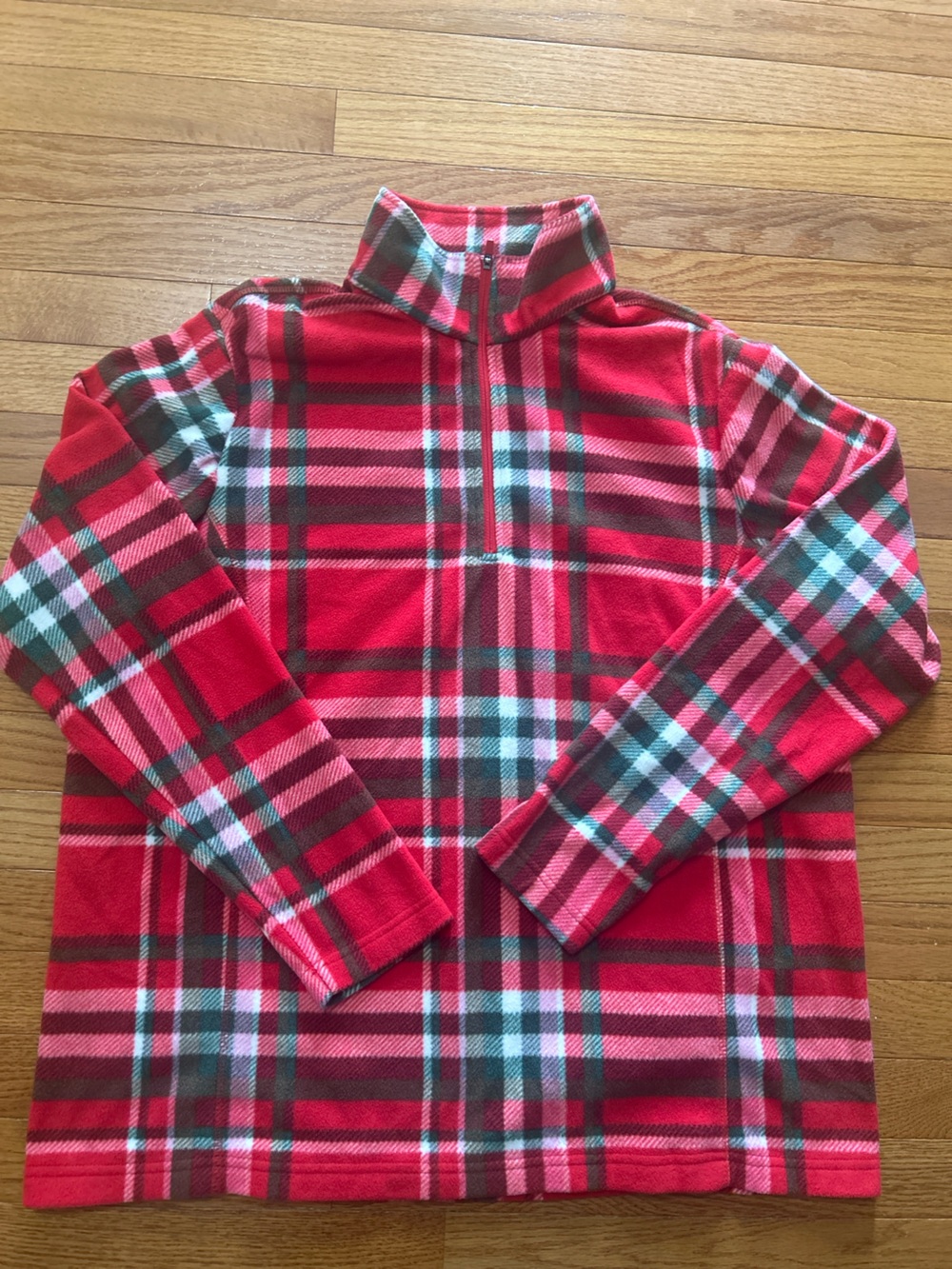 Lands End Fleece Pullover Women XL 18 Red Green Plaid Quarter Zip Holiday Cozy